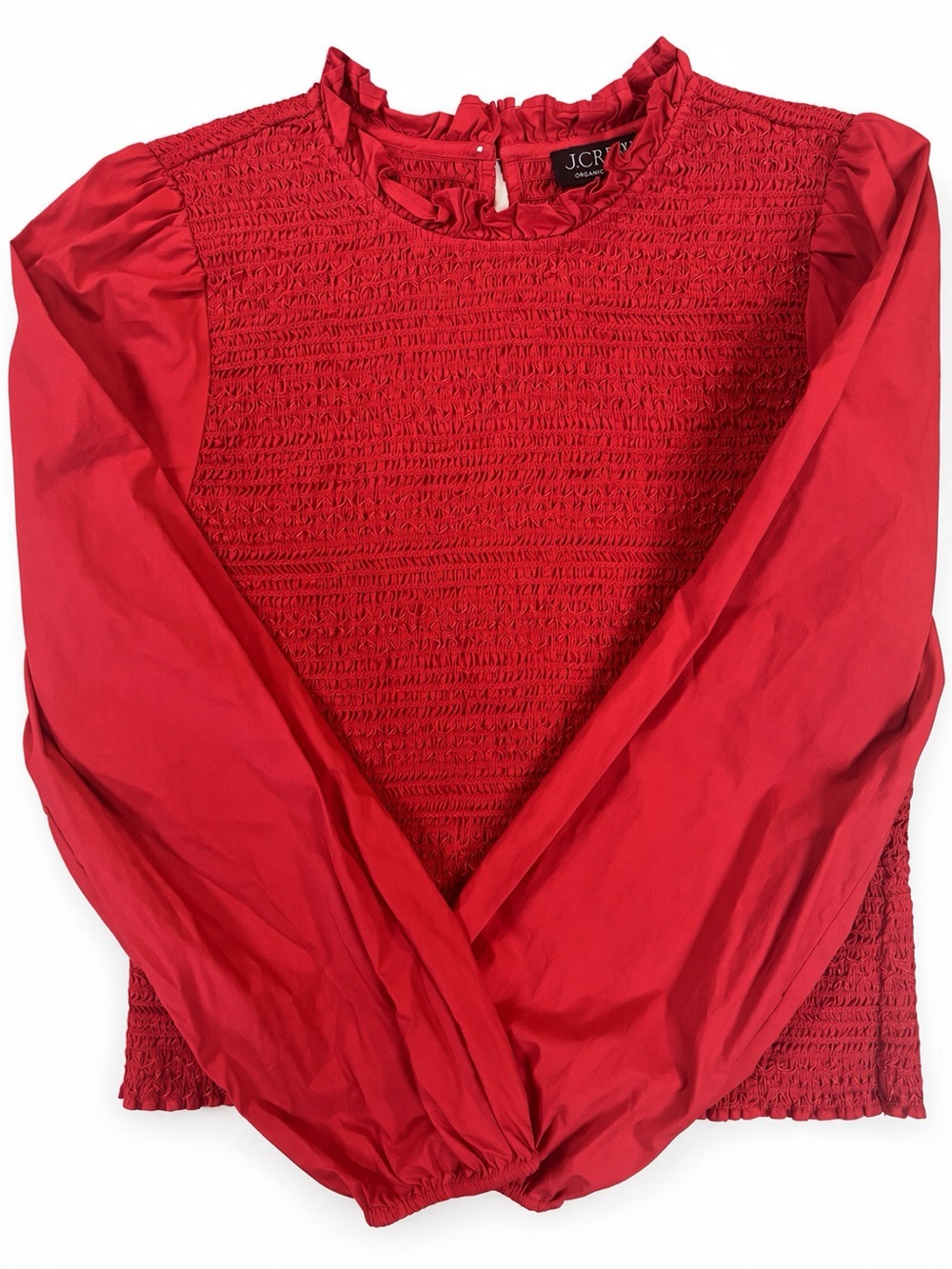 J.Crew Red Smocked Ruffle Neck Top L NWOT